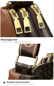 Detail of three golden zippers and D-ring buckle on vintage brown patterned crossbody bag