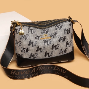 Women Crossbody Shoulder Bag Multi Layer Zipper Large Capacity Wide Jacquard Strap Litchi Grain Monogram Print Fashion Casual