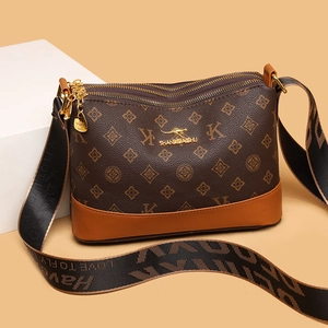 Brown monogram shoulder bag with triple zip closure and wide woven strap for women