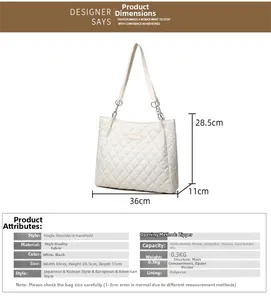 Dimensions du sac cabas matelassé blanc montrant une largeur de 36 cm et une poche zippée