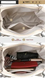 Vue détaillée des poches intérieures et de l'espace de rangement de ce grand sac cabas