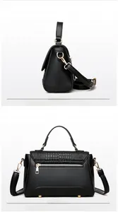 Detailed views of the black leather handbag featuring crocodile texture and gold hardware