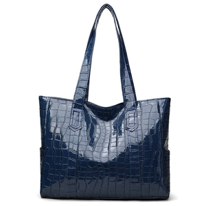 Deep blue large capacity tote bag with glossy crocodile pattern and twin handles