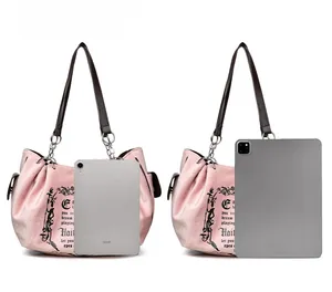 Pink vintage tote bag size comparison with iPad showing spacious interior capacity