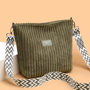 Corduroy Crossbody Bag For Women Retro Casual Street Fashion Geometric Pattern Wide Strap Shoulder Tote