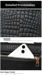 Detail of crocodile-embossed PU leather texture and back zipper pocket on black bag