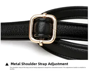 Close-up of litchi texture leather shoulder strap with gold adjustable buckle