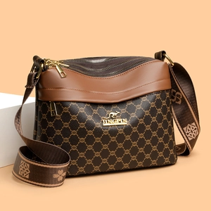Retro Monogram PU Leather Triple Zipper Crossbody Bag With Wide Shoulder Strap Fashionable Daily Shoulder Bag For Women