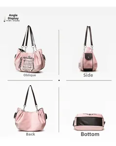 Detailed four-way views of a vintage soft leather pumpkin tote with chain strap and printing