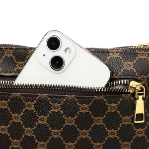 Three-layer crossbody bag with dark brown pattern showing phone in front zipper pocket