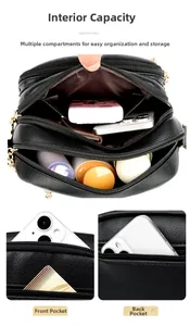 Macro detail of black litchi leather crossbody bag with multiple zipper compartments