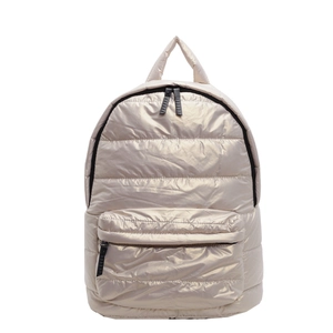 Lightweight champagne gold quilted puffer backpack with metallic finish and zipper pockets