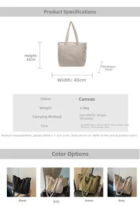 Detailed size chart for canvas tote bag showing dimensions and four color options