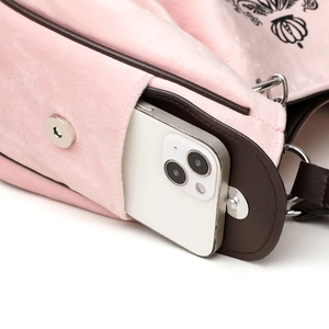 Pink velvet pumpkin tote bag with crown print and external phone storage pocket