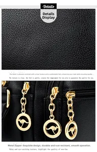 Close-up of black lychee grain leather texture and gold metal zipper with kangaroo logo