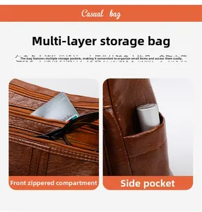 Detail of brown casual bag with multi-layer storage, front zipper pocket, and side pouch