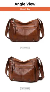 Detailed front and side views of a dark brown multi-zippered crossbody casual bag