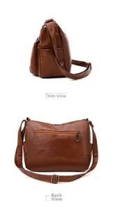 Side and back view of brown leather crossbody bag with adjustable strap and rear zipper pocket