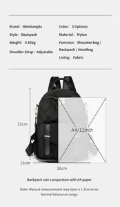 Details zum leichten schwarzen Stepprucksack aus Nylon mit Maßen 32x26x15cm und Gewicht 0,43kg