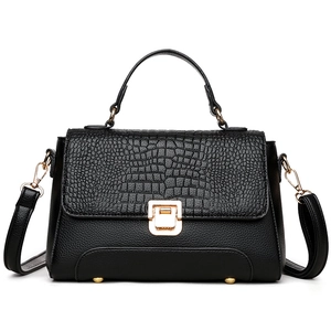 Women's black crocodile pattern PU leather shoulder bag with gold hardware and top handle