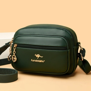 Dark green lychee texture leather crossbody bag with three zipper layers and gold kangaroo logo