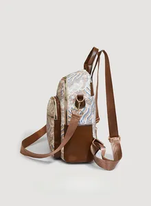 Detail view of vintage backpack with wave patterns and premium leather trim accents