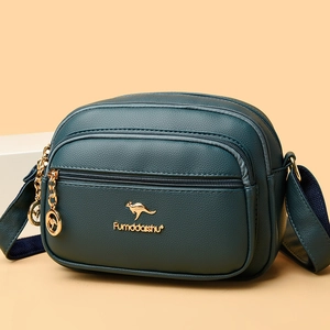 Dark green pebbled leather crossbody bag with golden kangaroo logo and double zipper