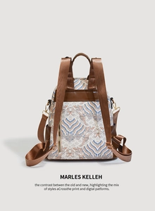 Detailed view of vintage patterned backpack with back zipper pocket and leather accents