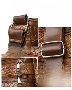 Detailed macro view of brown woven leather texture with silver metal zipper and hardware