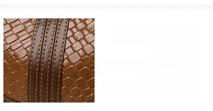 Detailed close-up of brown woven leather texture with vertical straps and double stitching