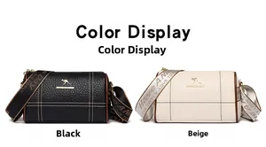 Détail de sacs en cuir grainé avec larges bandoulières jacquard en noir et beige