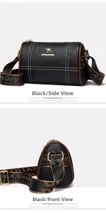 Détails du cuir grainé noir avec coutures dorées croisées et logo sur le sac à main