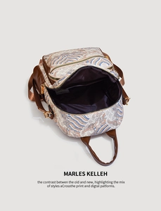 Detailed interior of vintage wave pattern backpack with pockets and leather trim