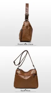 Detailed side and back views of brown woven leather crossbody bag with zipper pocket