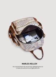 Internal view of a retro ethnic print backpack showing storage space for daily essentials