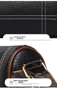Coutures détaillées et crochet métallique d'un sac cylindrique noir grainé de cuir