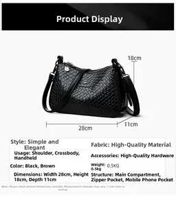 Detailed size chart for black woven shoulder bag showing 28x18x11cm dimensions