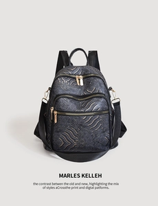 Detail of MARLES KELLEH backpack with golden wave patterns and dual zipper compartments