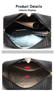 Vue intérieure du sac cylindrique en cuir noir montrant la poche principale et zippée