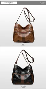 Detail showing the woven leather texture and multi-pocket design on the crossbody bag