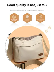 Detail of waterproof nylon crossbody bag with layered zippers and SOSIDI BAG leather logo