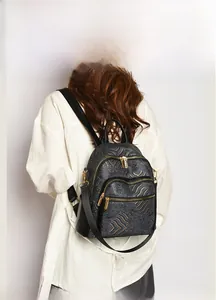 Close-up of black backpack with gold wave patterns and metallic zippers on model