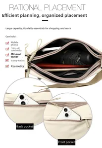 Detail view of large capacity nylon crossbody bag with multi-layer zipper compartments