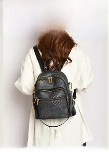 Detail of black backpack with gold wave patterns and multi-layer zippers for women