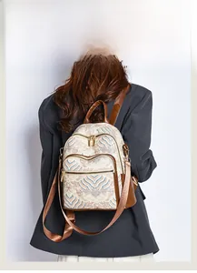 Detailed back view of a retro oriental wave print backpack worn by a model