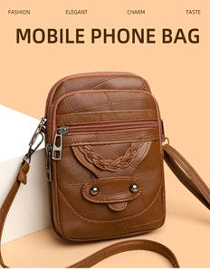 Close-up of brown textured leather phone bag featuring woven details and metallic studs