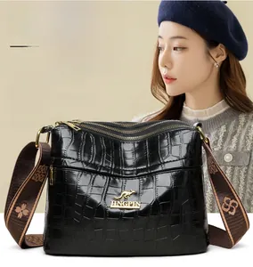 Detail of black crocodile texture shoulder bag with multiple zippers and wide strap