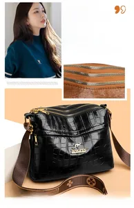 Detail of black faux crocodile handbag featuring triple zippers and patterned strap