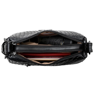 Black woven shoulder bag with large capacity for umbrella, phone, and wallet