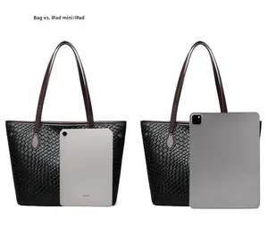 Detailed internal capacity showing black woven leather tote compared to an iPad